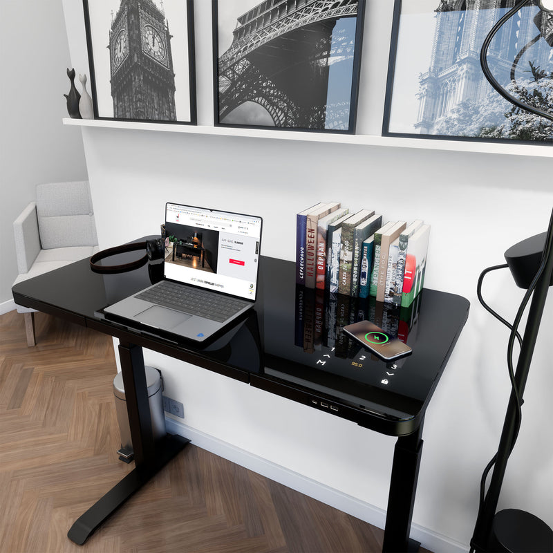 STATION Schreibtisch | 1150 x 590 mm, elektrisch höhenverstellbar, induktives Ladegerät, Glastischplatte, Schwarz - 2 Main Image