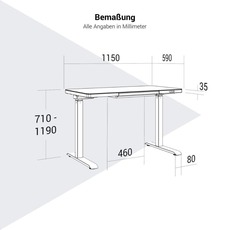 STATION Schreibtisch | 1150 x 590 mm, elektrisch höhenverstellbar, induktives Ladegerät, Glastischplatte, Schwarz - 14 Main Image