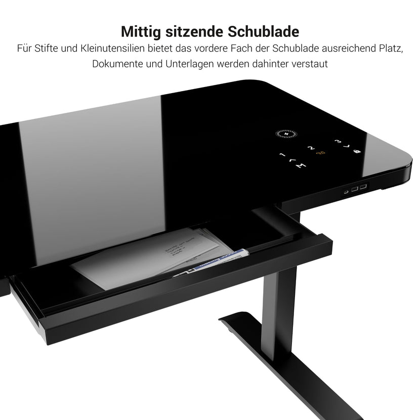 STATION Schreibtisch | 1150 x 590 mm, elektrisch höhenverstellbar, induktives Ladegerät, Glastischplatte, Weiss