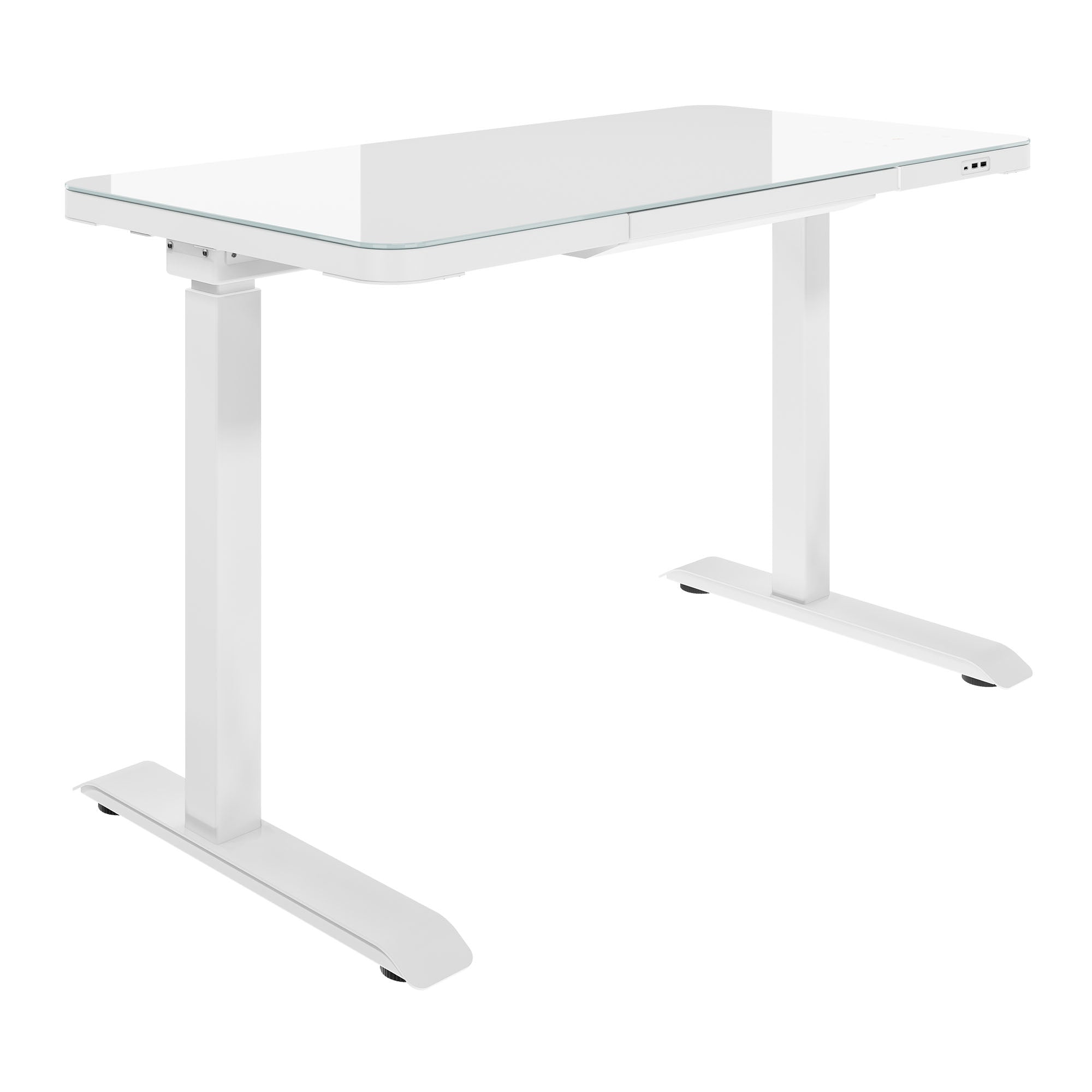 STATION Schreibtisch | 1150 x 590 mm, elektrisch höhenverstellbar, induktives Ladegerät, Glastischplatte, Weiss