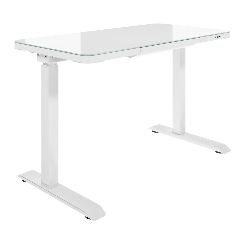 STATION Schreibtisch | 1150 x 590 mm, elektrisch höhenverstellbar, induktives Ladegerät, Glastischplatte, Weiss