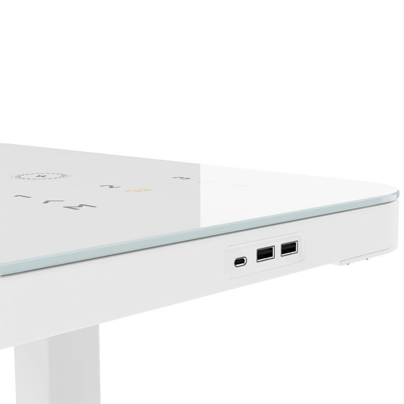 STATION Schreibtisch | 1150 x 590 mm, elektrisch höhenverstellbar, induktives Ladegerät, Glastischplatte, Weiss