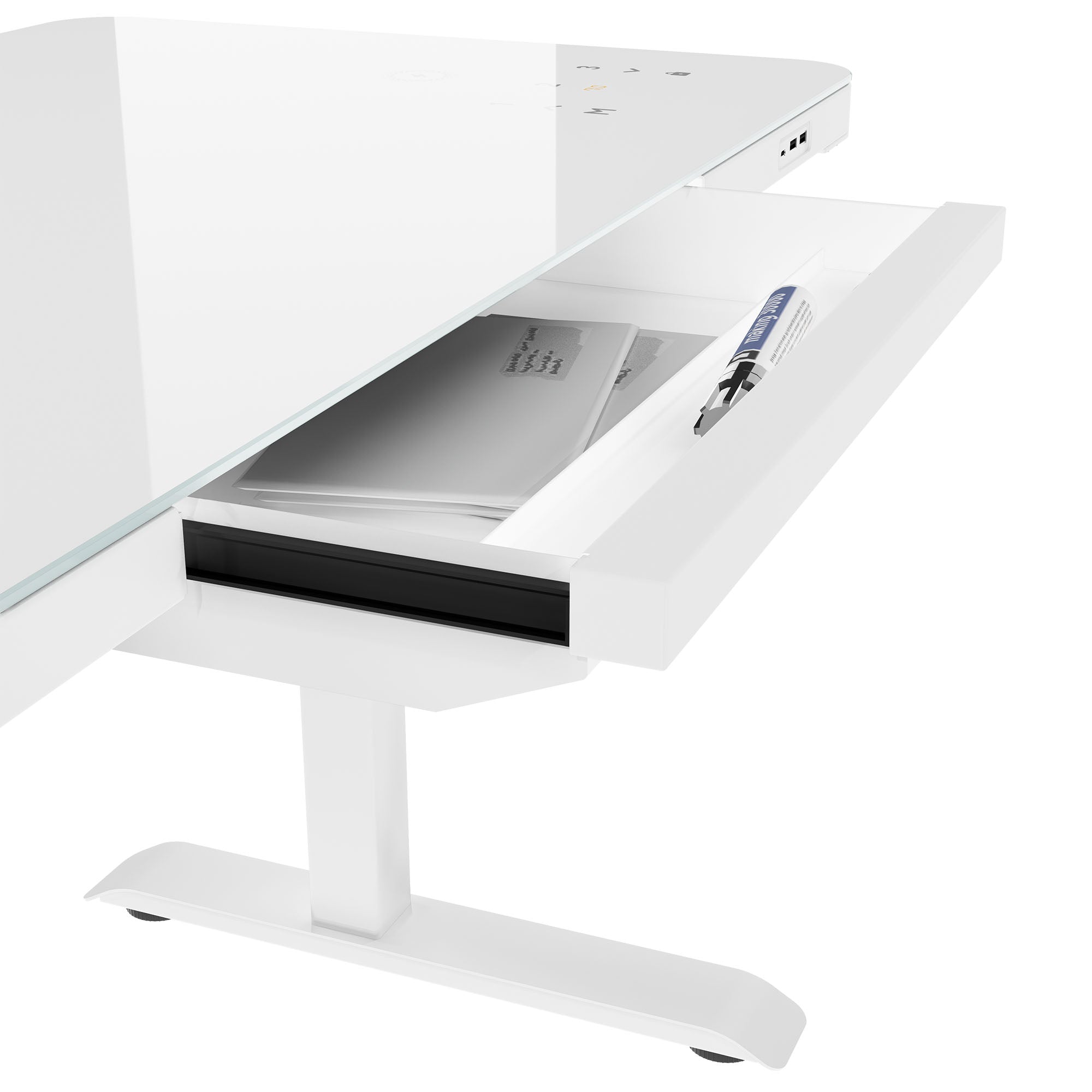 STATION Schreibtisch | 1150 x 590 mm, elektrisch höhenverstellbar, induktives Ladegerät, Glastischplatte, Weiss