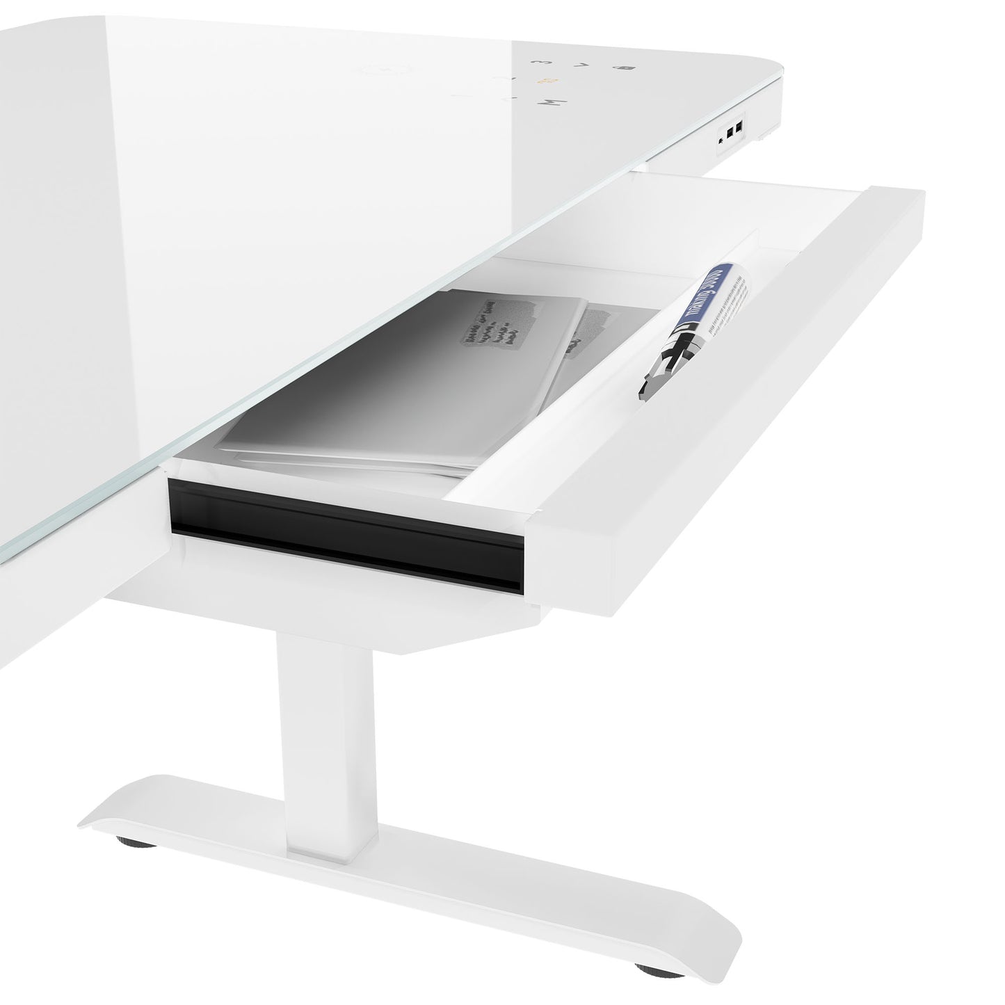 Bureau de station | 1150 x 590 mm, réglable à hauteur électrique, chargeur inductif, plaque de table en verre, blanc