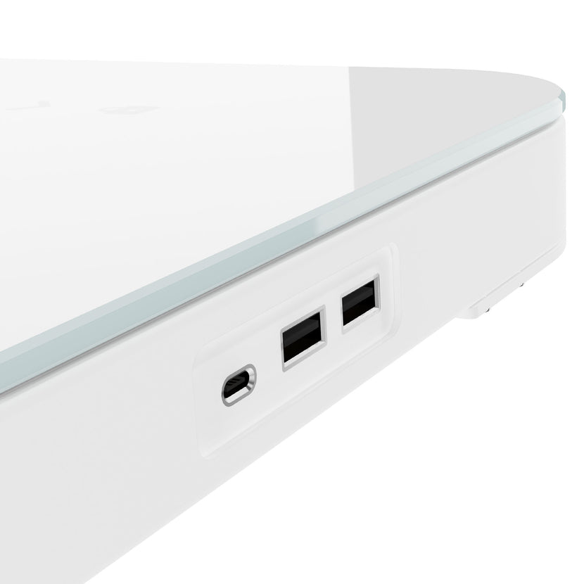 STATION Schreibtisch | 1150 x 590 mm, elektrisch höhenverstellbar, induktives Ladegerät, Glastischplatte, Weiss