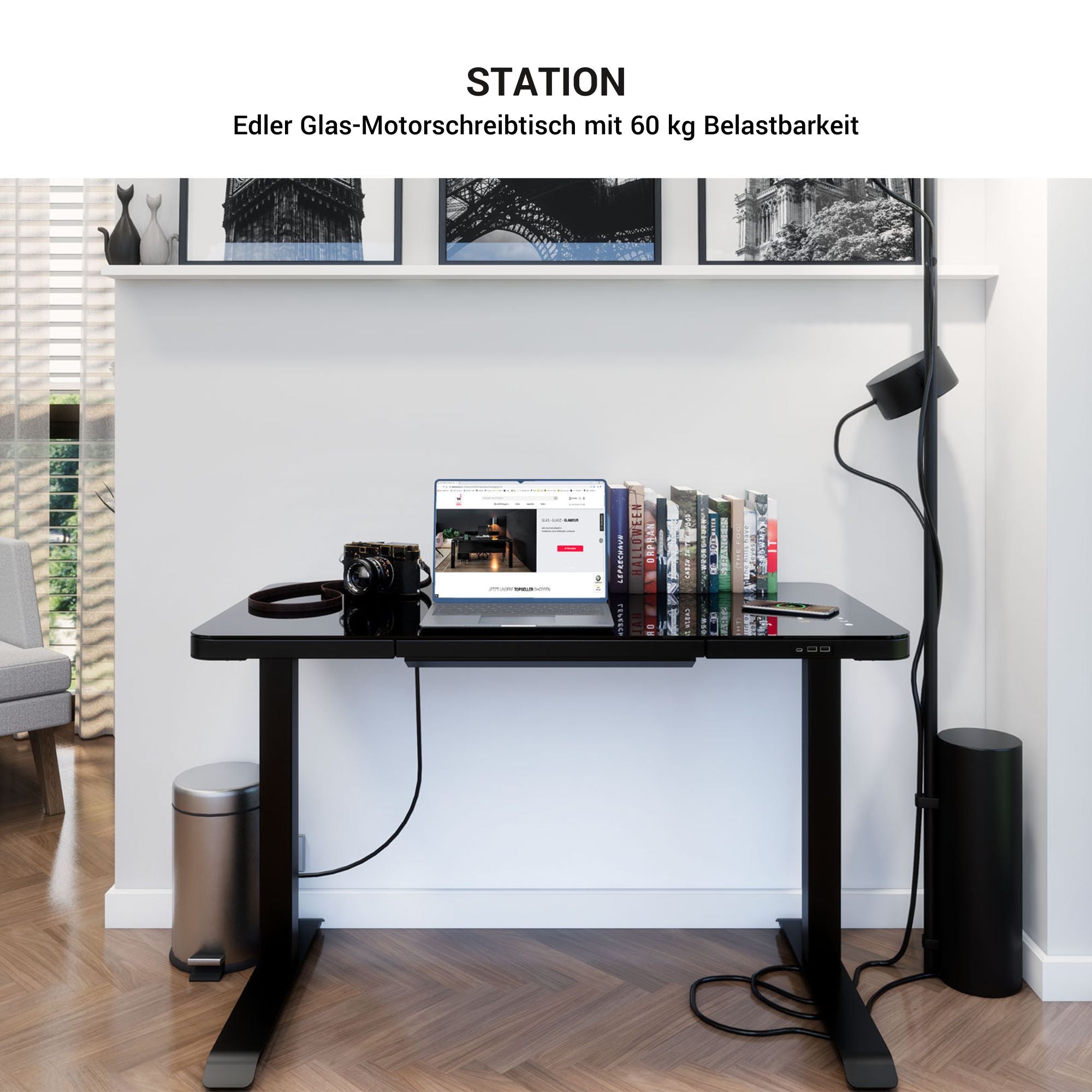 STATION Schreibtisch | 1150 x 590 mm, elektrisch höhenverstellbar, induktives Ladegerät, Glastischplatte, Weiss