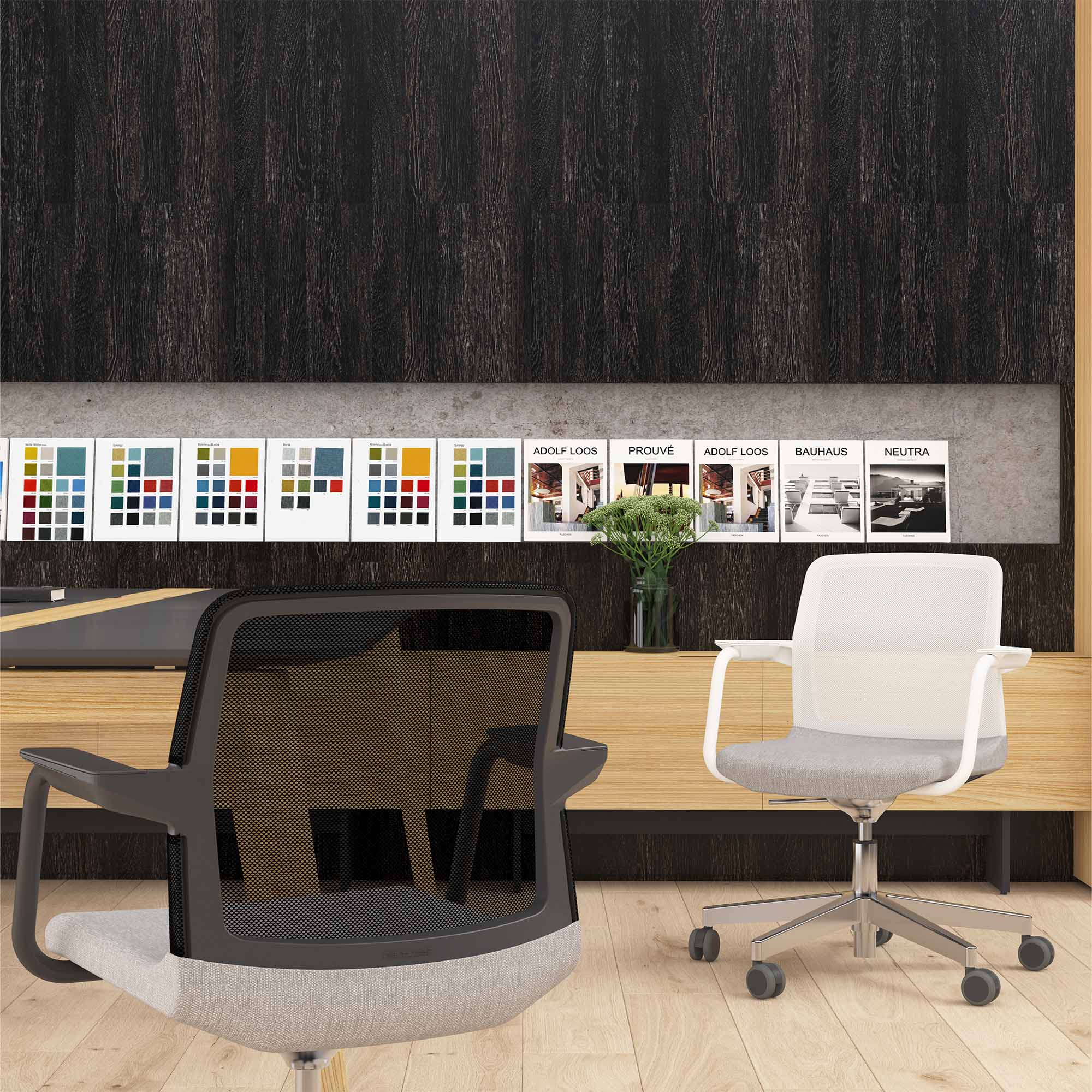 WIND swivel chair on wheels | Height adjustable, mesh back, polyester cover BERTA