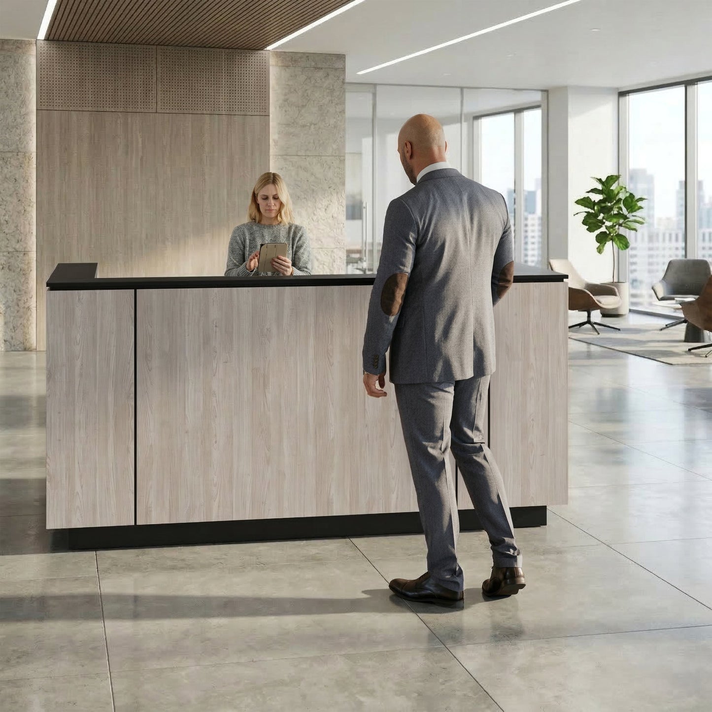 ICE reception desk | 2204 x 1022 mm, gray northern oak
