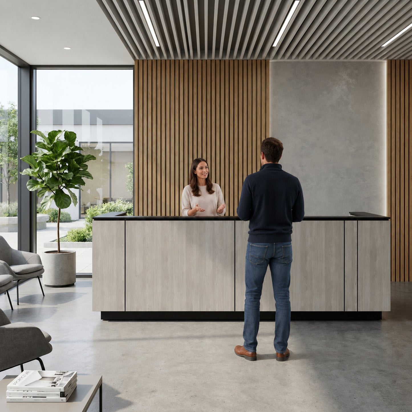 ICE reception desk | 3214 x 1022 mm, gray northern oak