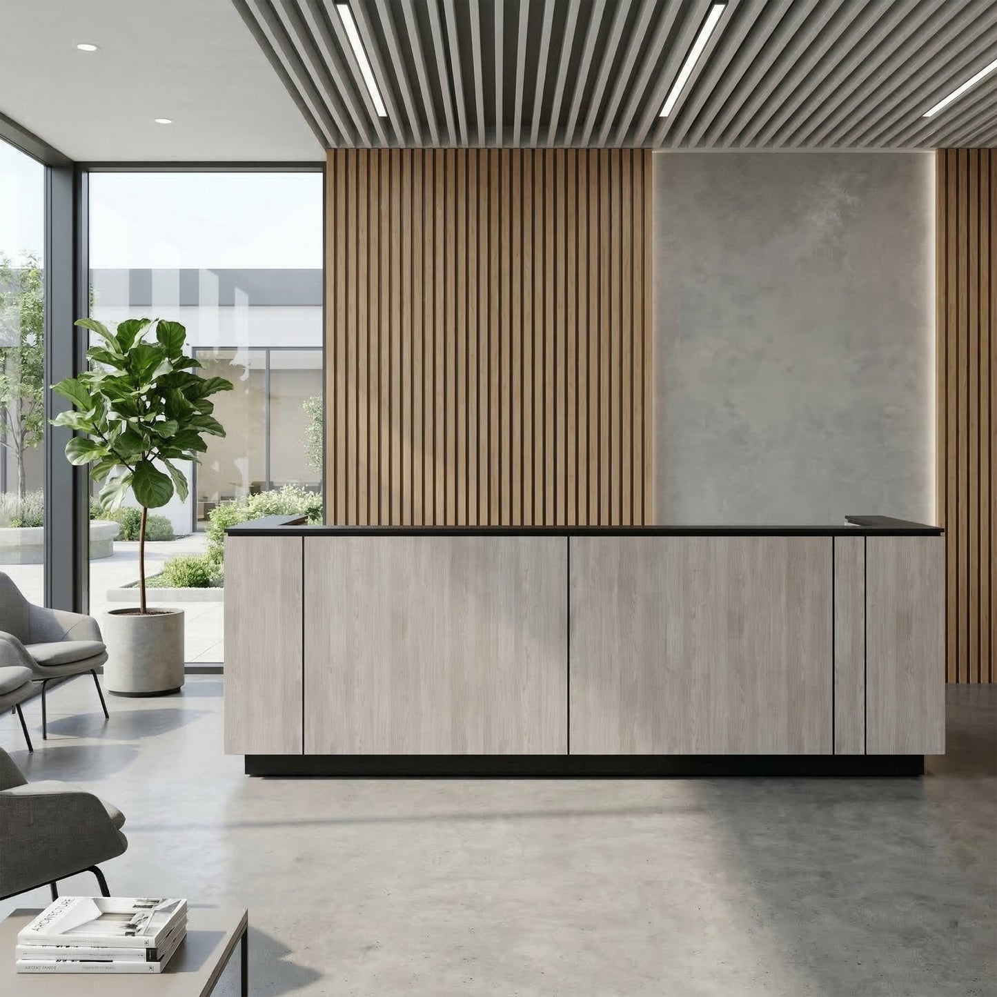 ICE reception desk | 3214 x 1022 mm, gray northern oak