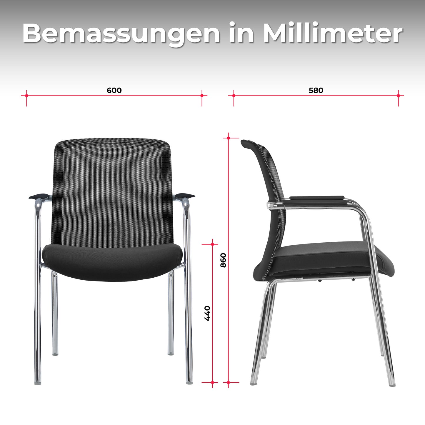 KYRA Besucherstuhl | Feste Armlehnen, Schwarz