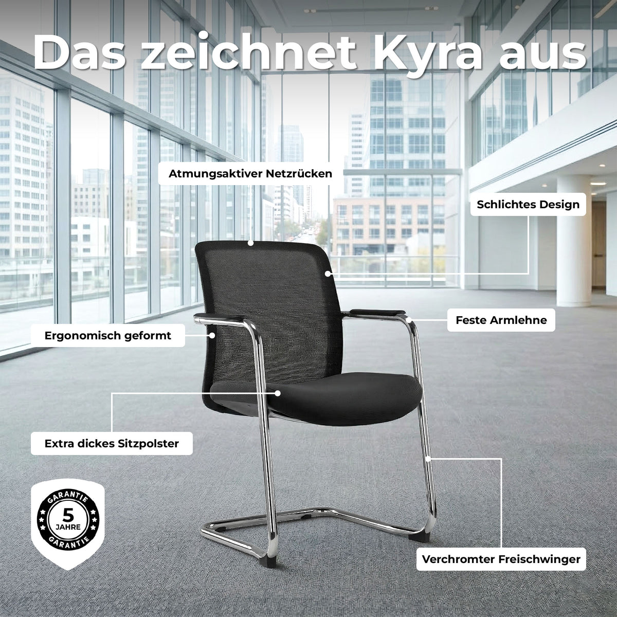 KYRA Cantilever Chair | Fixed Armrests, Black - 7 Lightbox Main Image