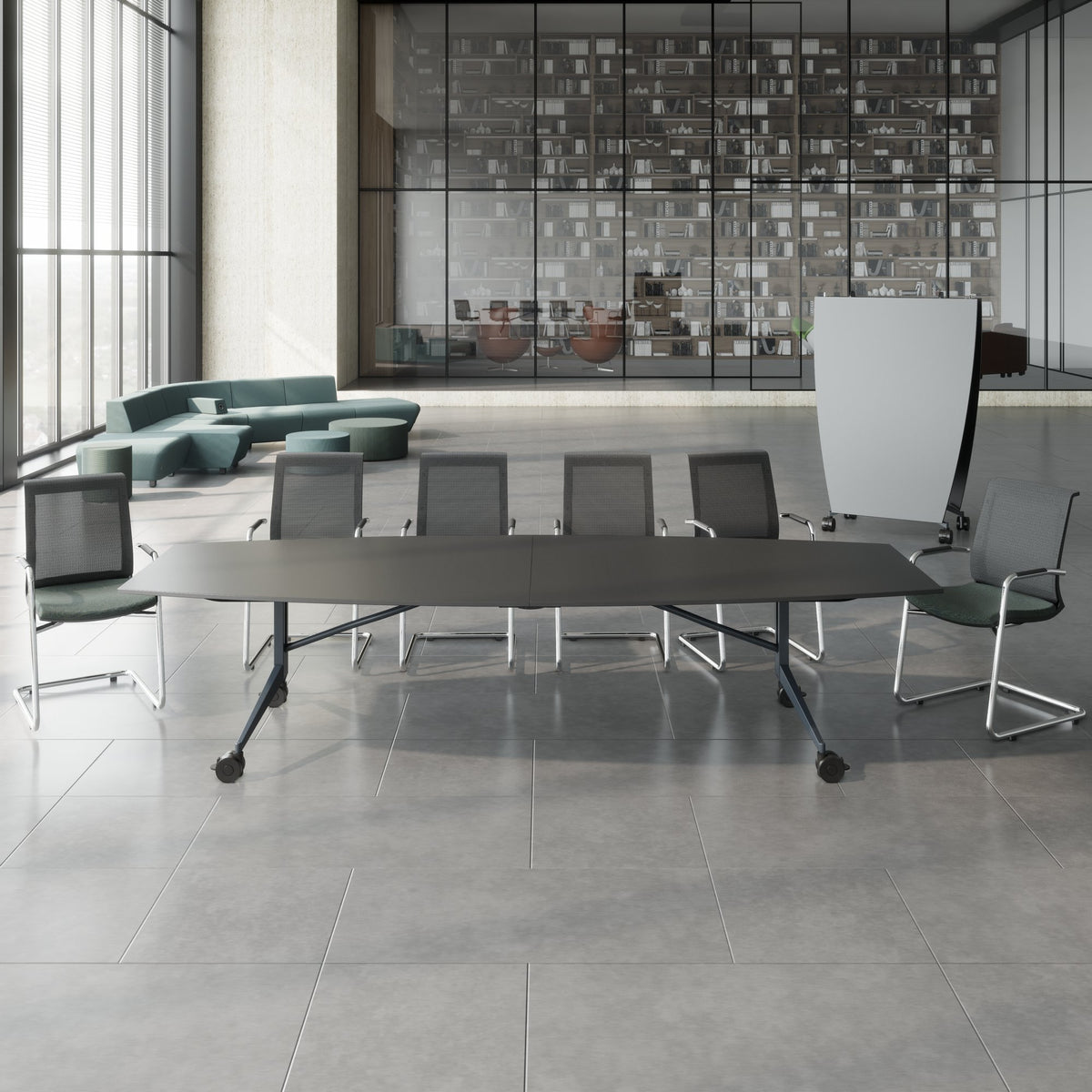 MARA - TIMMY LIBRO Konferenztisch | Bootsform, 3200 x 1200 mm (10 - 14 Personen), rollbar, faltbar, Anthrazit - 3 Lightbox Main Image