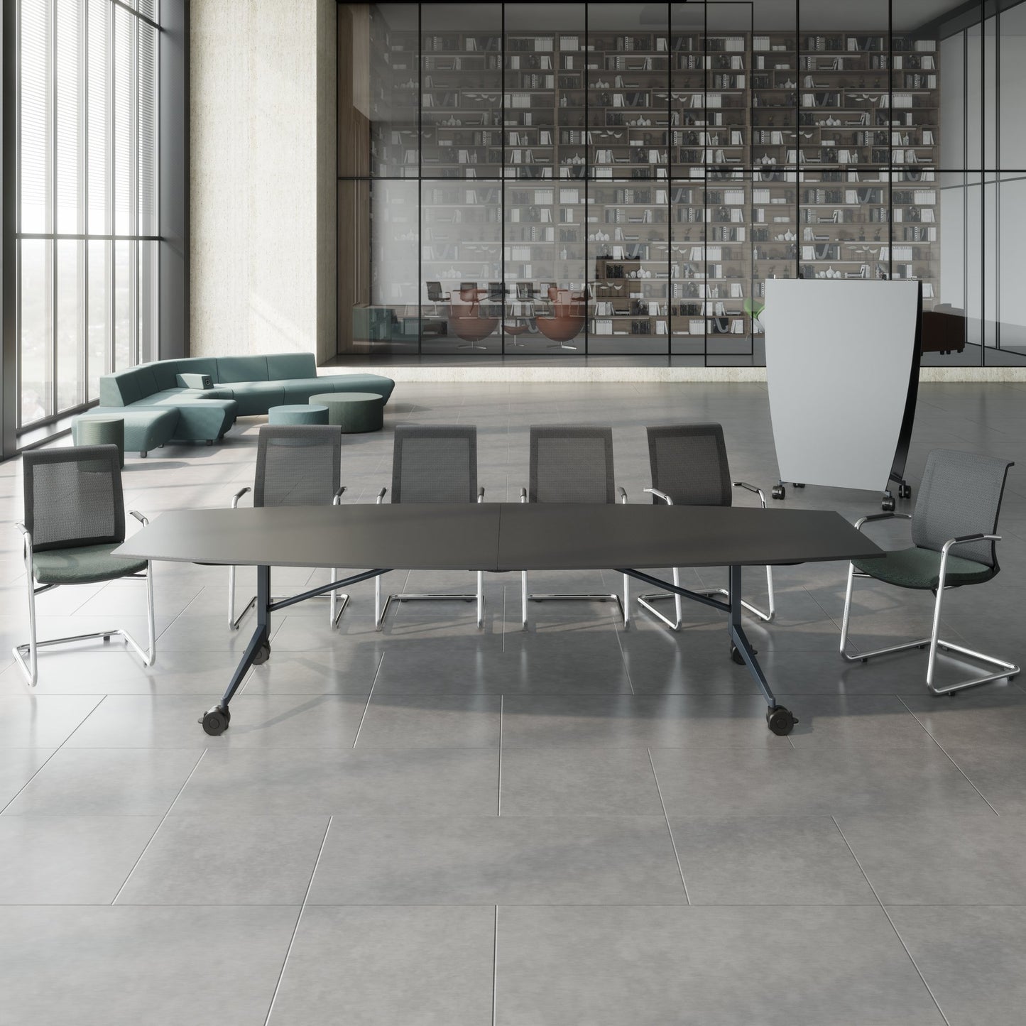 MARA TIMMY Table de conférence LIBRO | Forme bateau, 3200 x 1200 mm (10 - 14 personnes), enroulable, pliable, anthracite