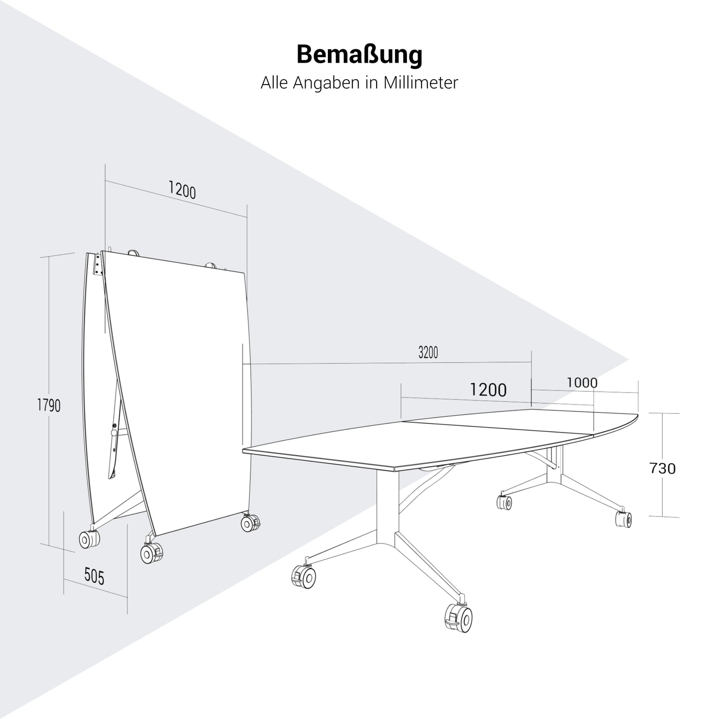 MARA TIMMY Table de conférence LIBRO | Forme bateau, 3200 x 1200 mm (10 - 14 personnes), enroulable, pliable, anthracite