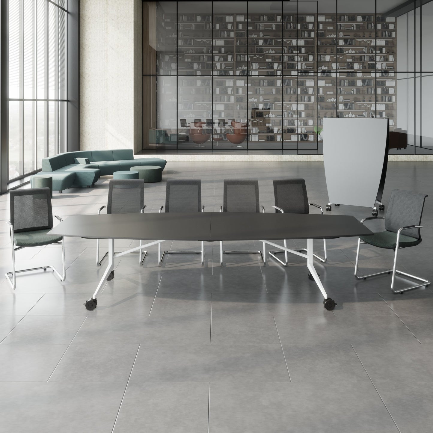 MARA TIMMY Table de conférence LIBRO | Forme bateau, 3200 x 1200 mm (10 - 14 personnes), enroulable, pliable, anthracite