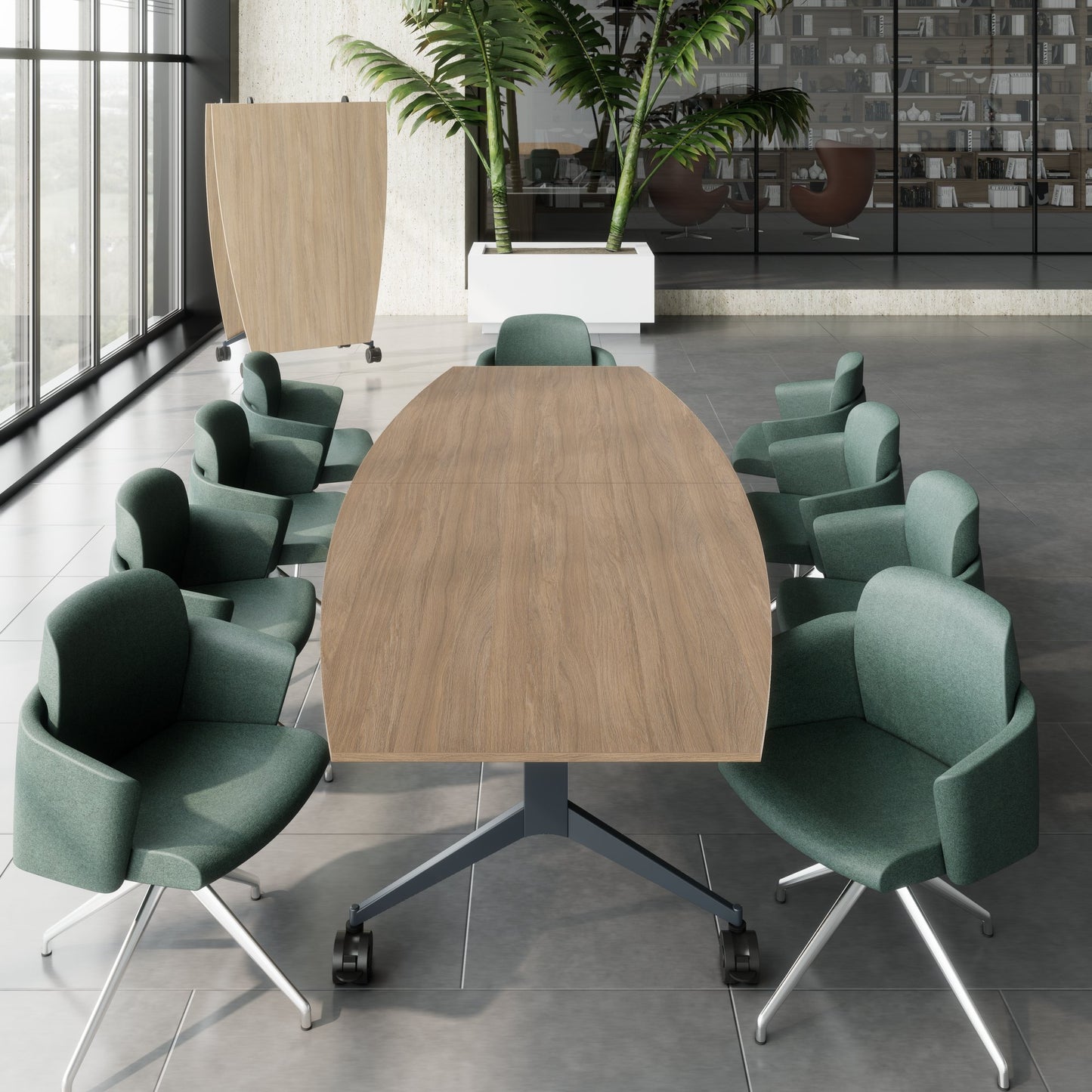 MARA TIMMY LIBRO conference table | Boat shape, 3200 x 1200 mm (10 - 14 people), rollable, foldable, amber oak