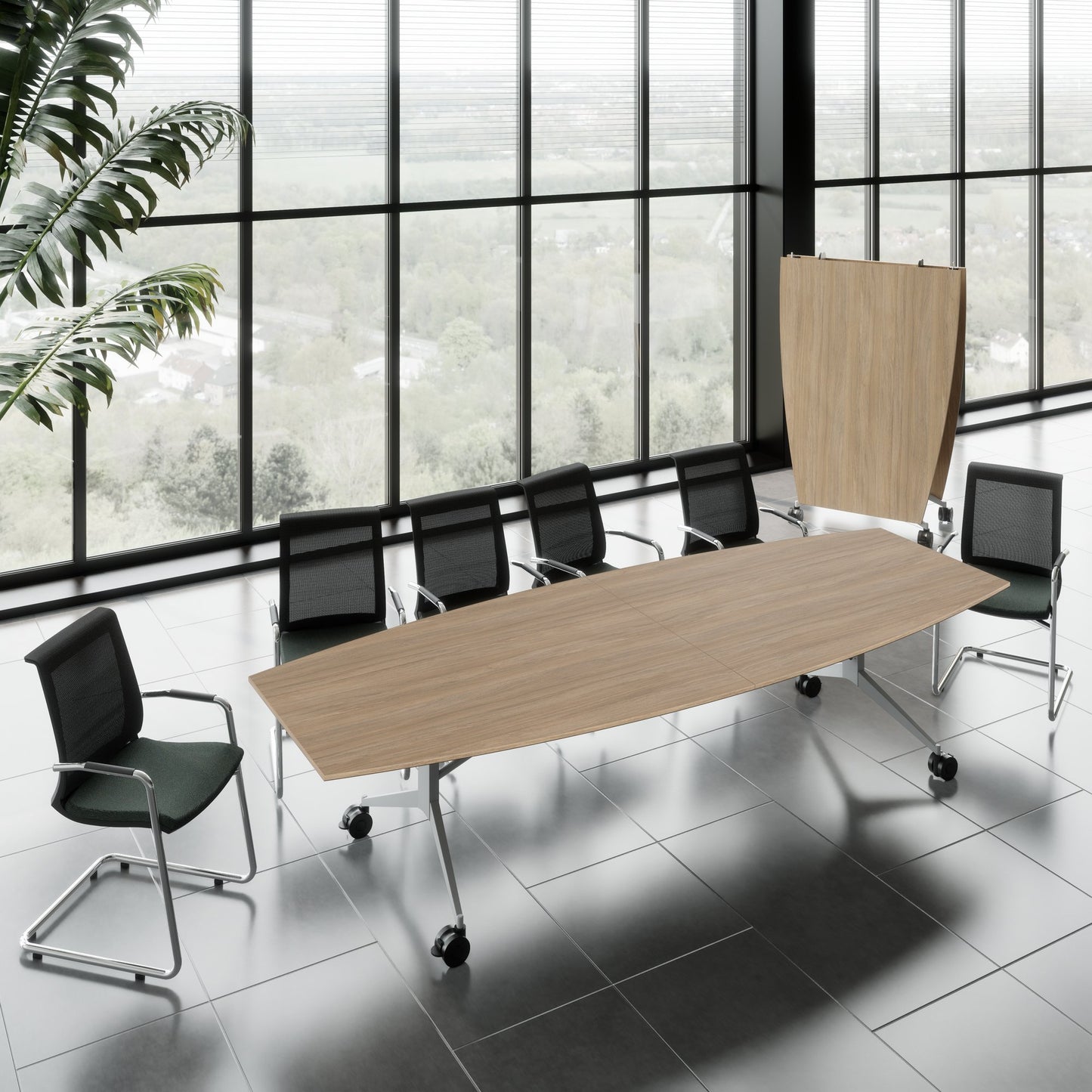 MARA TIMMY LIBRO conference table | Boat shape, 3200 x 1200 mm (10 - 14 people), rollable, foldable, amber oak