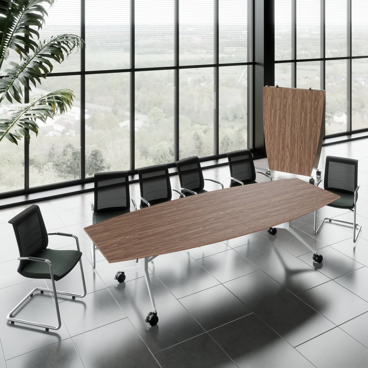 MARA TIMMY LIBRO conference table | Boat shape, 3200 x 1200 mm (10 - 14 people), rollable, foldable, real wood veneer walnut