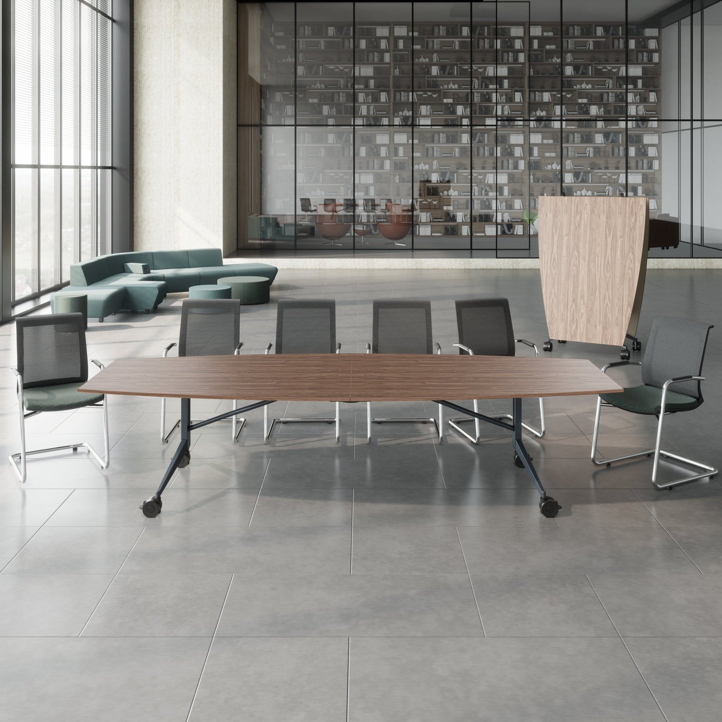 MARA TIMMY LIBRO conference table | Boat shape, 3200 x 1200 mm (10 - 14 people), rollable, foldable, real wood veneer walnut