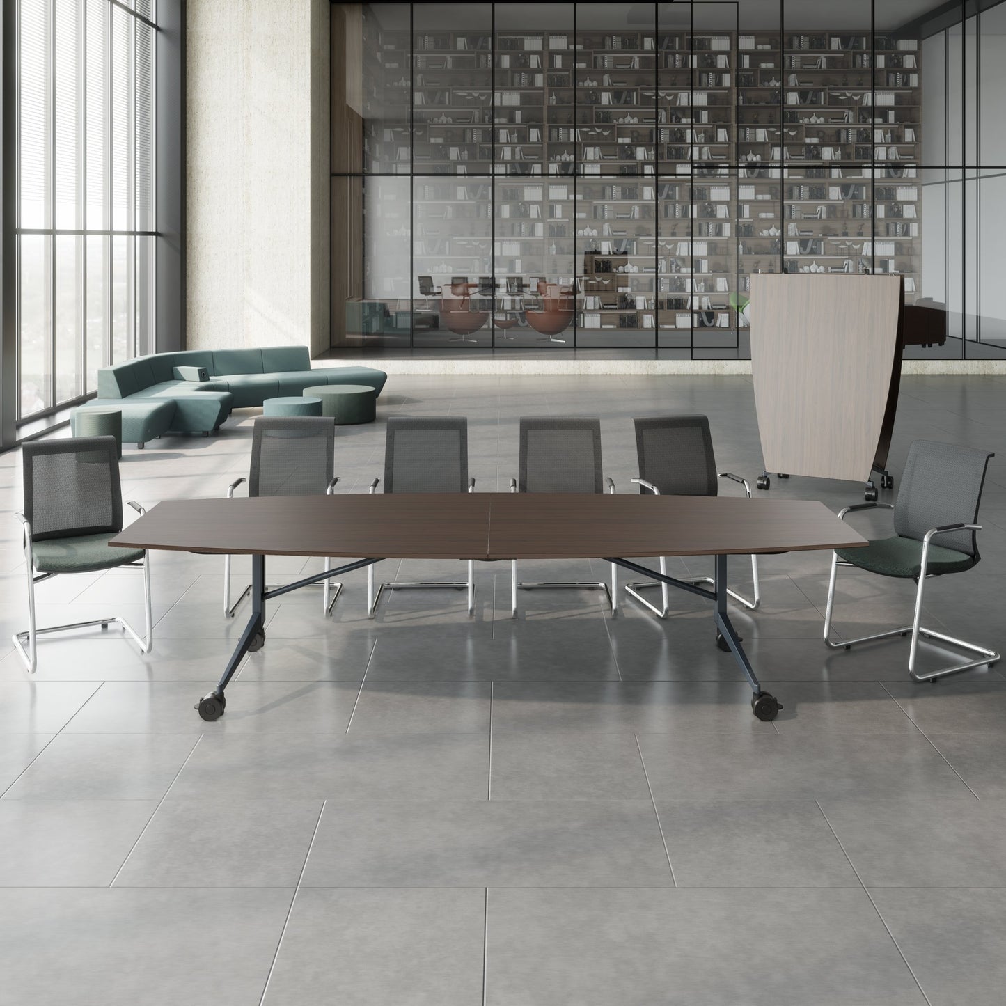 Mara TIMMY LIBRO Conference table | Boot shape, 3200 x 1200 mm (10 - 14 people), rollable, foldable, walnut