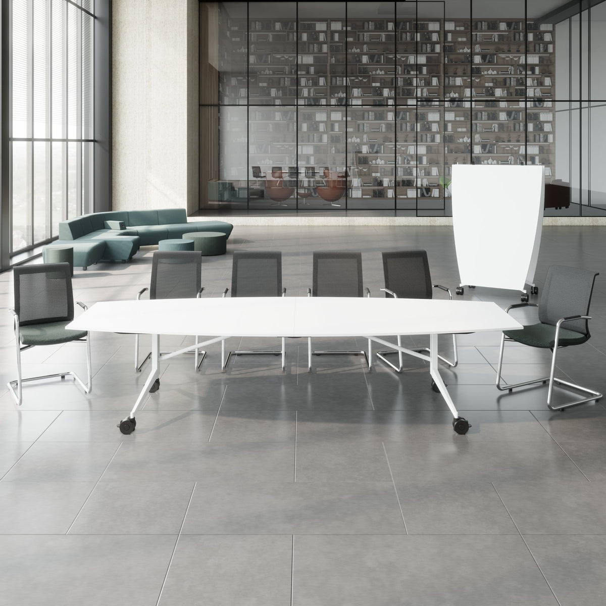 MARA - TIMMY LIBRO Konferenztisch | Bootsform, 3200 x 1200 mm (10 - 14 Personen), rollbar, faltbar,  Weiß - 3 Lightbox Main Image