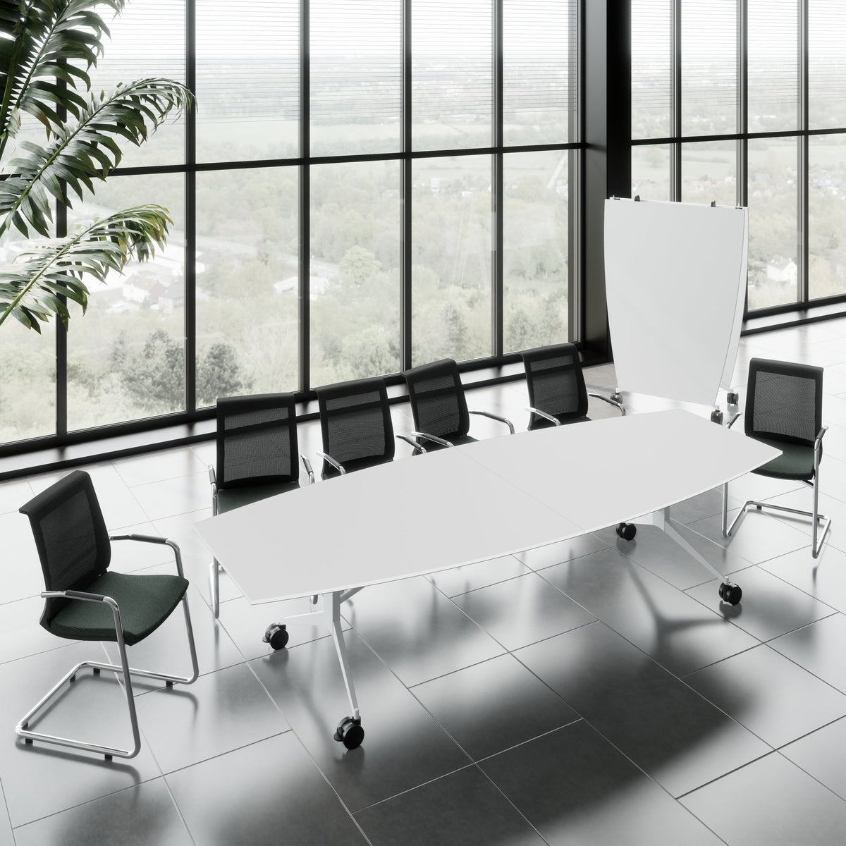 MARA - TIMMY LIBRO Konferenztisch | Bootsform, 3200 x 1200 mm (10 - 14 Personen), rollbar, faltbar,  Weiß - 1 Lightbox Main Image