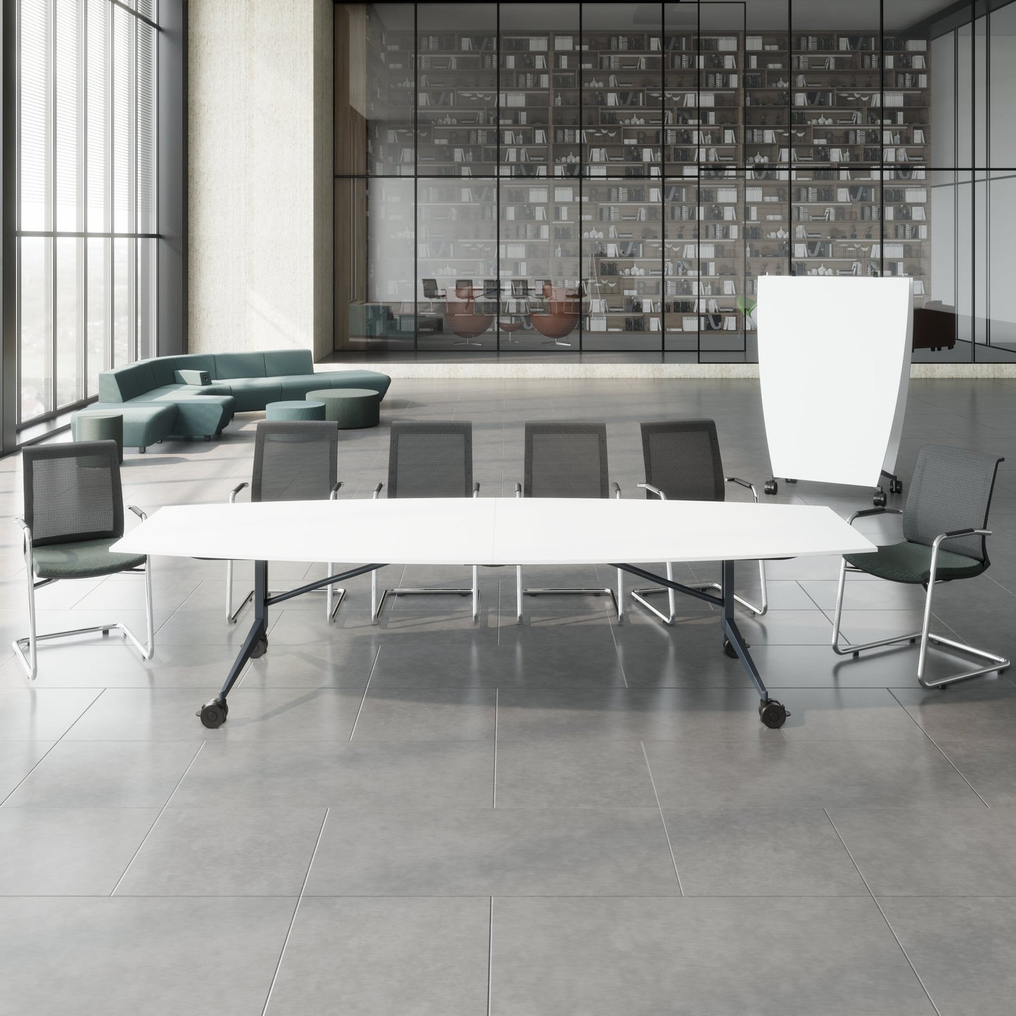 Mara TIMMY LIBRO Conference table | Boot shape, 3200 x 1200 mm (10 - 14 people), rollable, foldable, white