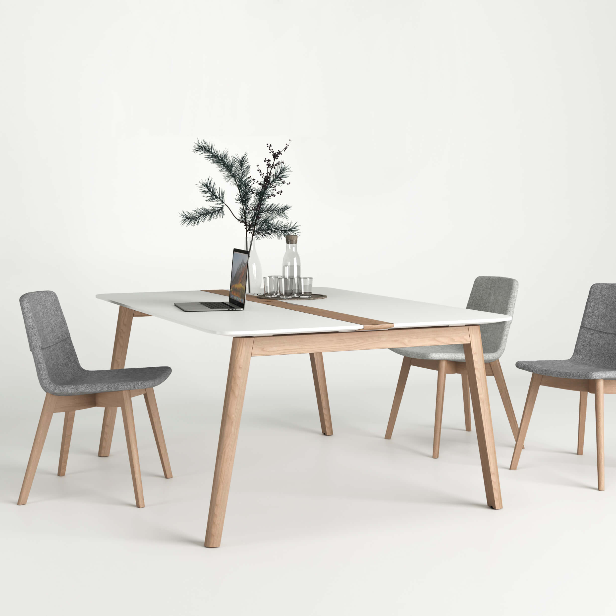 NOVA WOOD Conference table | Electrified, solid wood frame, 1200 x 1200 mm, HPL white