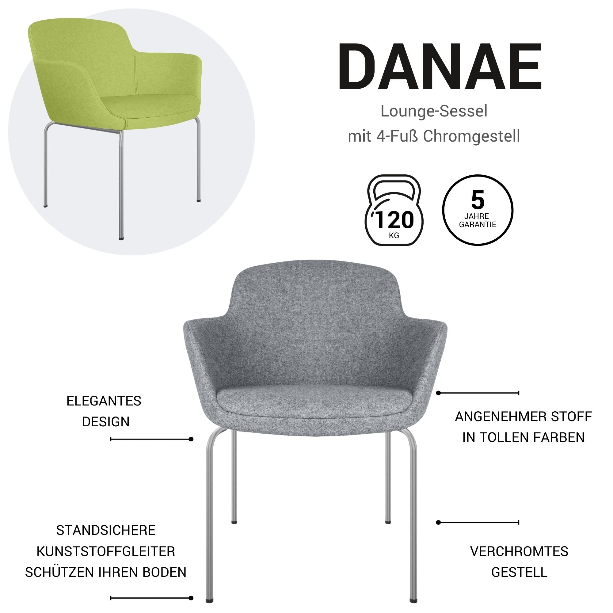 DANAE Fauteuil salon | Cadre de 4 pieds, tissus de référence Lucia / Velito / Synergy