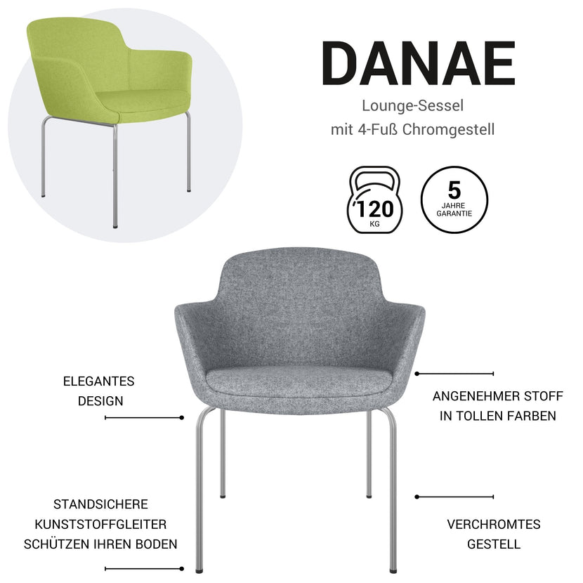 DANAE Fauteuil salon | Cadre de 4 pieds, tissus de référence Lucia / Velito / Synergy