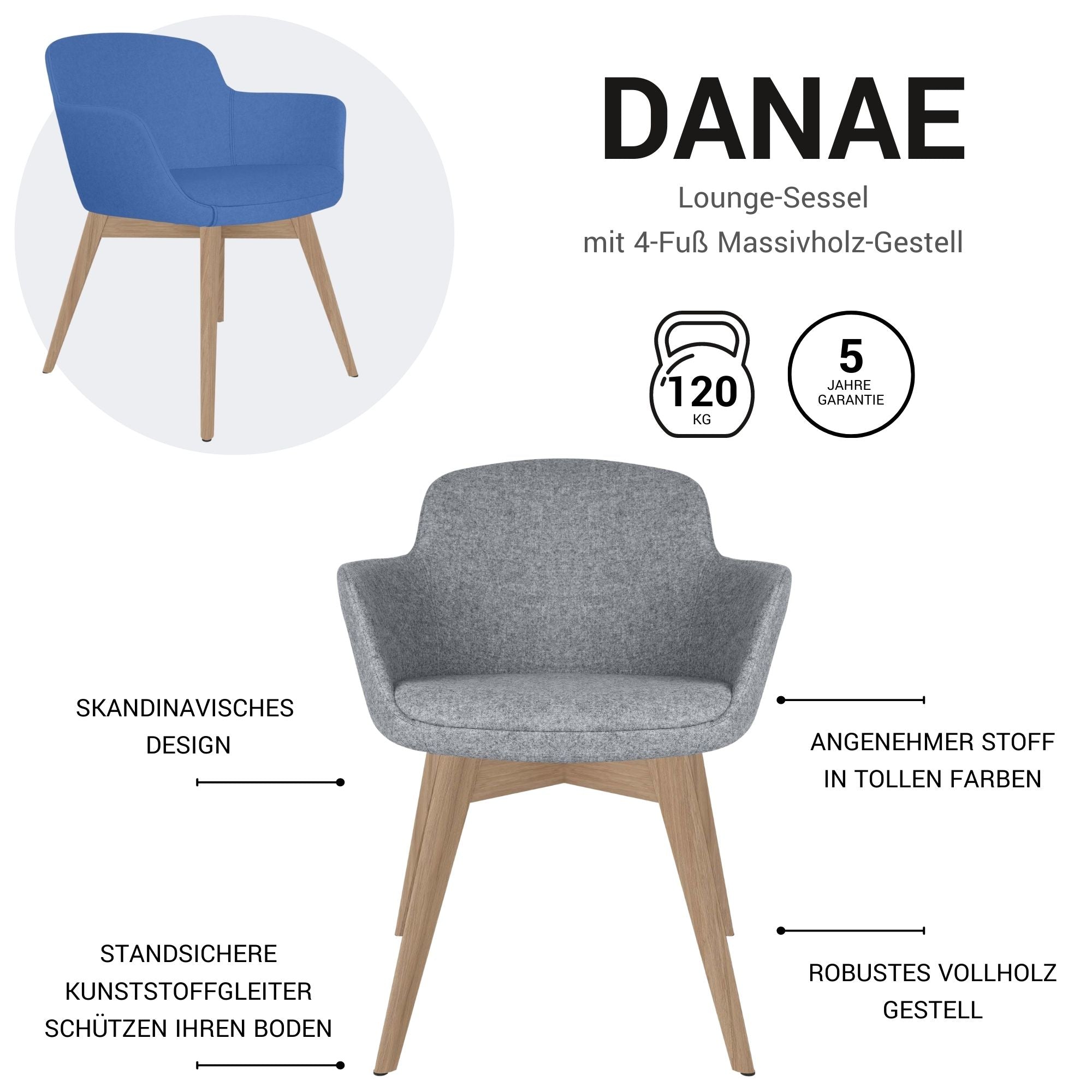 DANAE Fauteuil salon | Cadre Esche-Ech-Wood, Tabrics de référence Lucia / Velito / Synergy