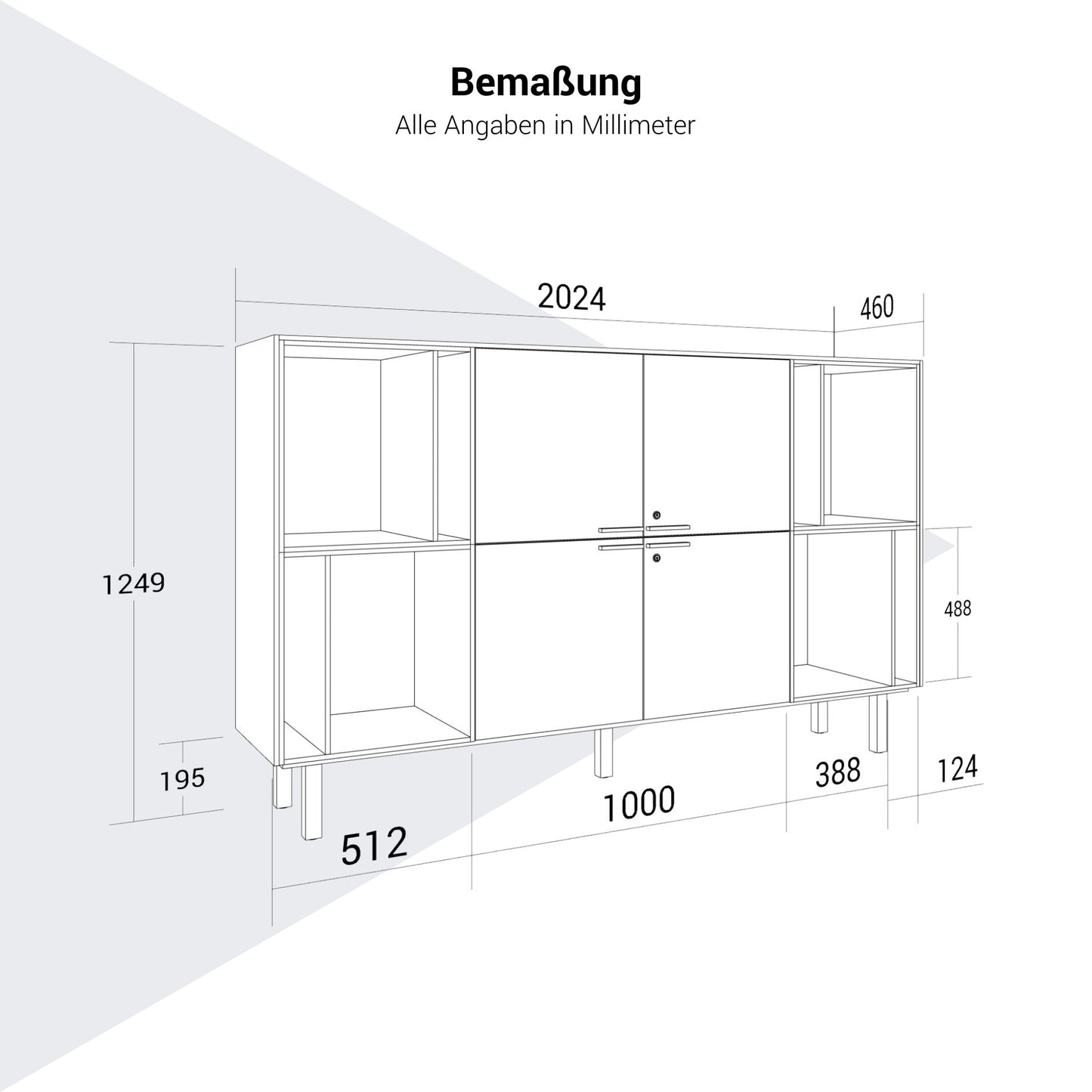 BRALCO SILE Highboard | 2 OH, 2025 x 1250 mm, Eiche