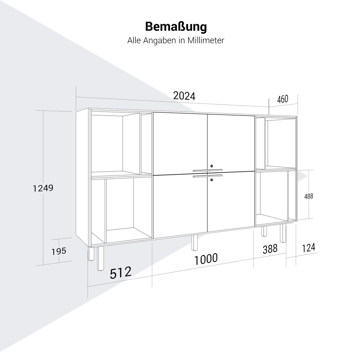 BRALCO SILE Highboard | 2 OH, 2025 x 1250 mm, Nero  - 12 Lightbox Main Image