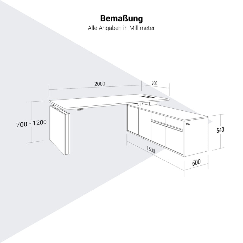 MOTION 2-Motoren-Schreibtisch mit Sideboard | Elektrisch höhenverstellbar, 2000 x 1800 mm, Anthrazit