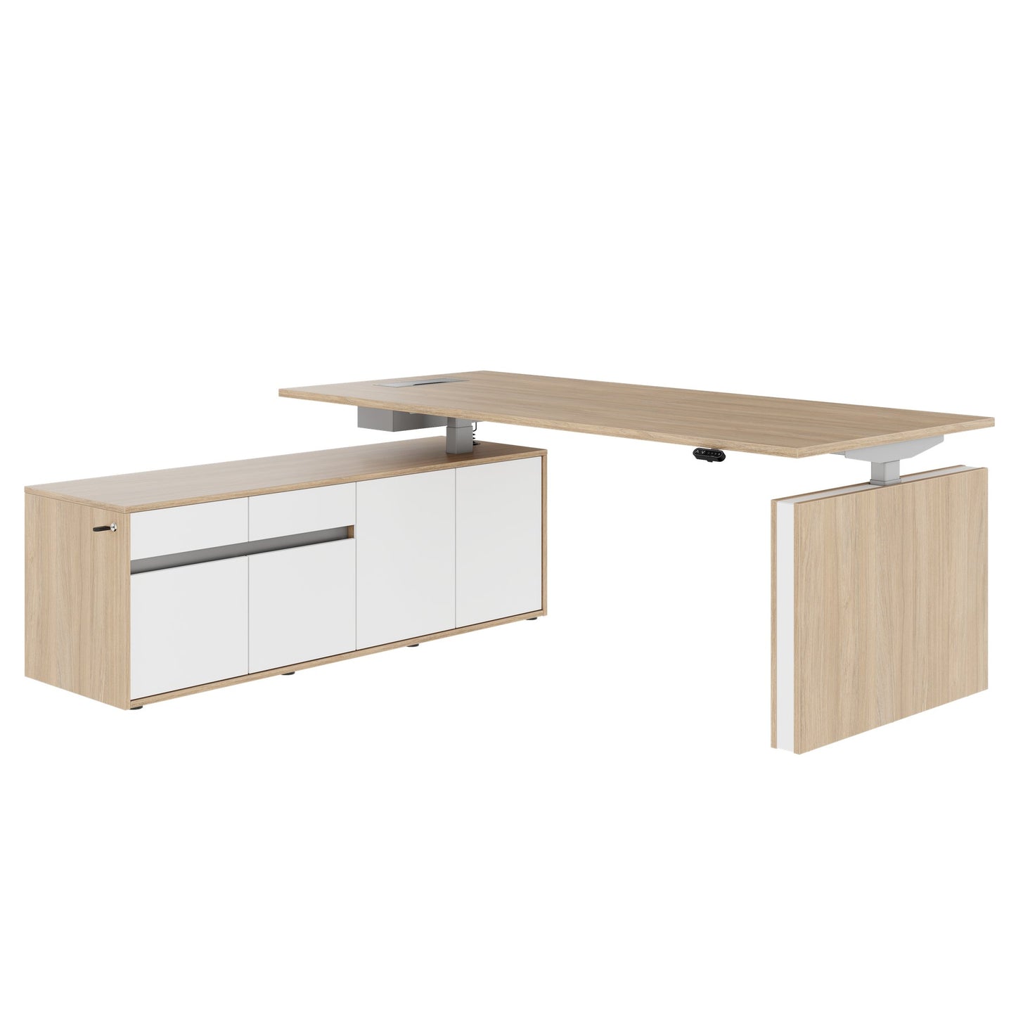 MOTION 2 motor desk with sideboard | Electrically height adjustable, 2000 x 1800 mm, amber oak