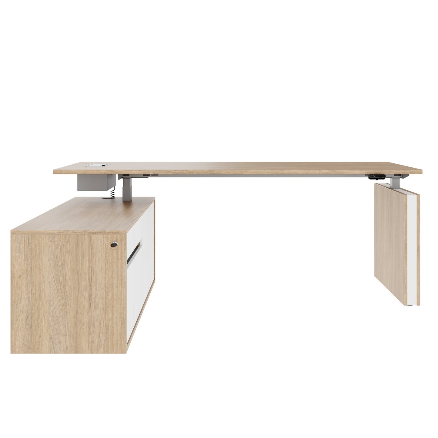 MOTION 2 motor desk with sideboard | Electrically height adjustable, 2000 x 1800 mm, amber oak