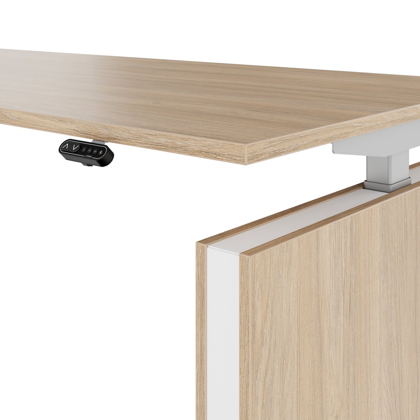 MOTION 2-Motoren-Schreibtisch mit Sideboard | Elektrisch höhenverstellbar, 2000 x 1800 mm, Bernsteineiche