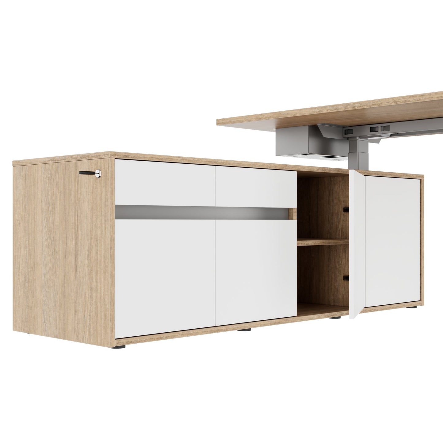 MOTION 2 motor desk with sideboard | Electrically height adjustable, 2000 x 1800 mm, amber oak