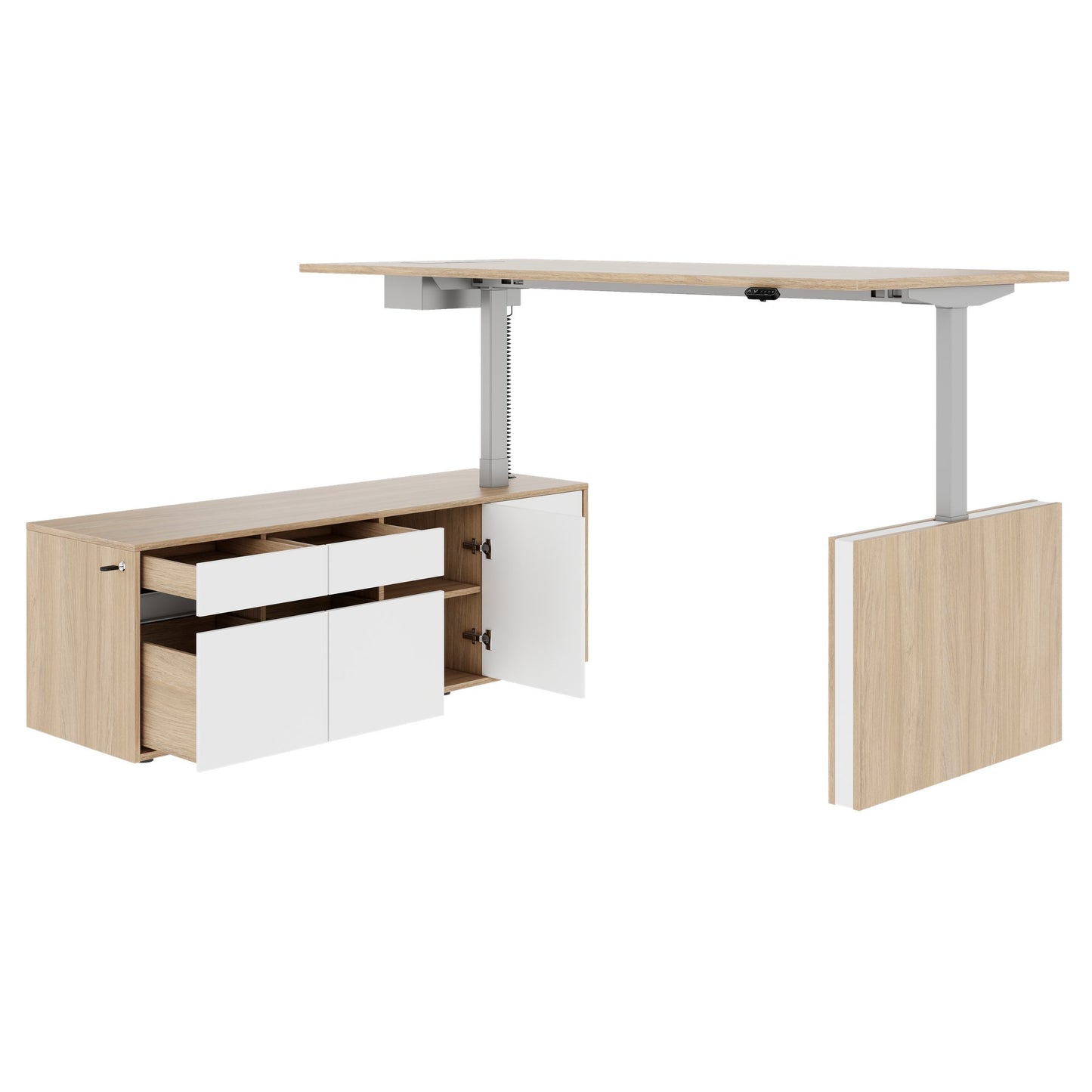 MOTION 2 motor desk with sideboard | Electrically height adjustable, 2000 x 1800 mm, amber oak