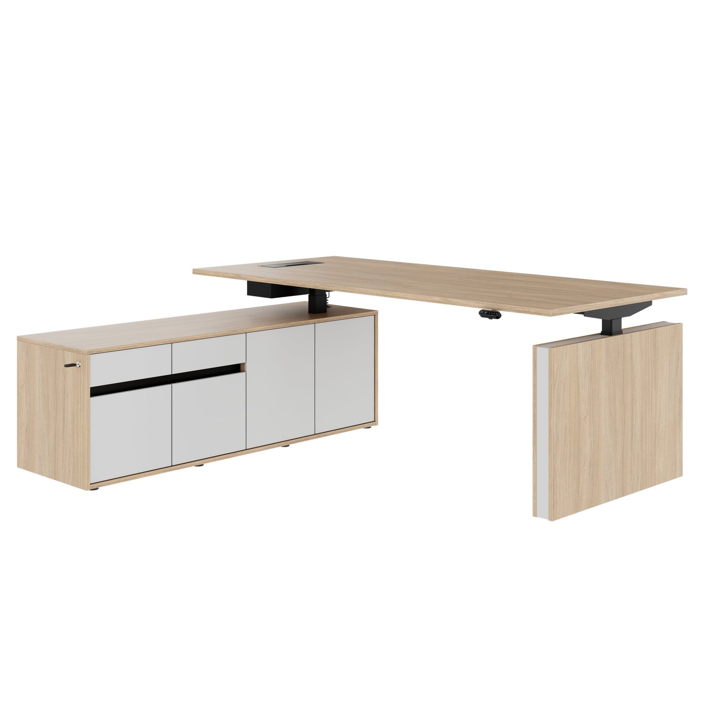 MOTION 2 motor desk with sideboard | Electrically height adjustable, 2000 x 1800 mm, amber oak