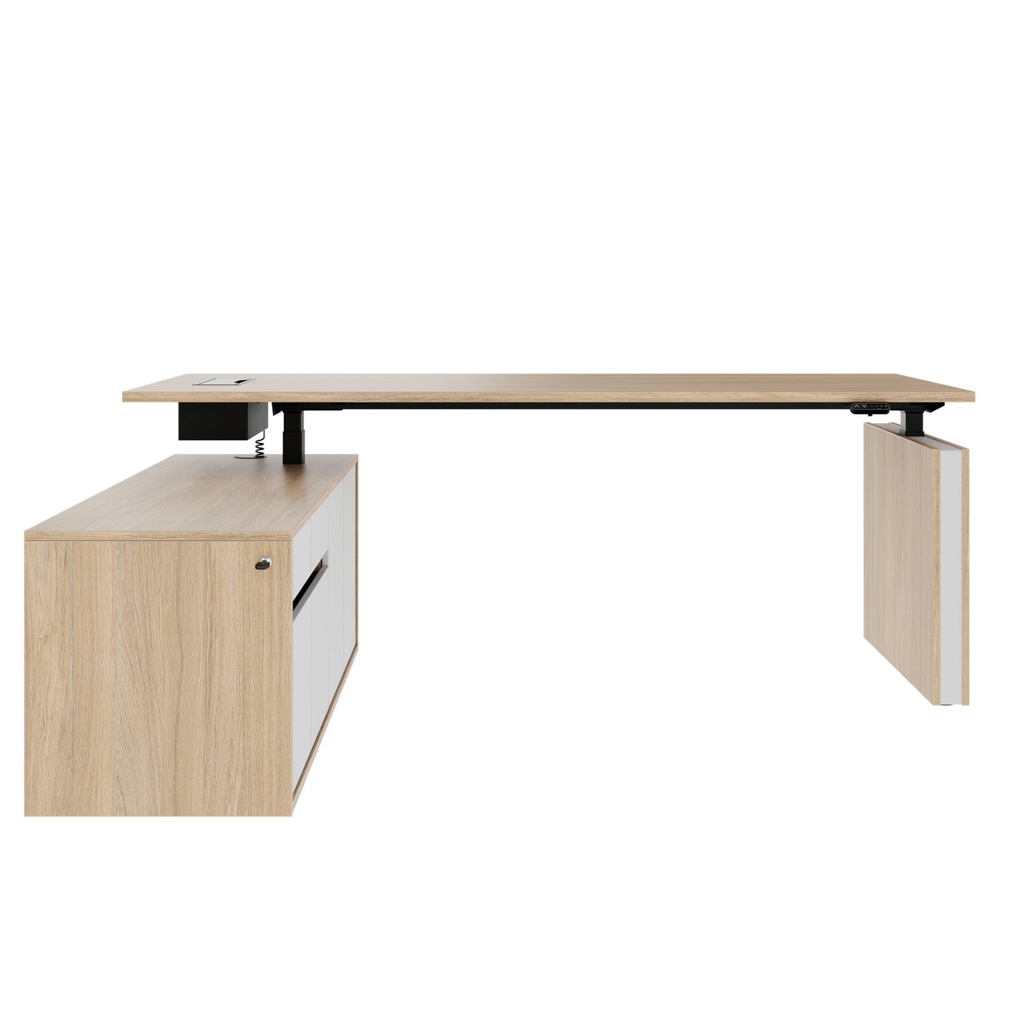 MOTION 2 motor desk with sideboard | Electrically height adjustable, 2000 x 1800 mm, amber oak
