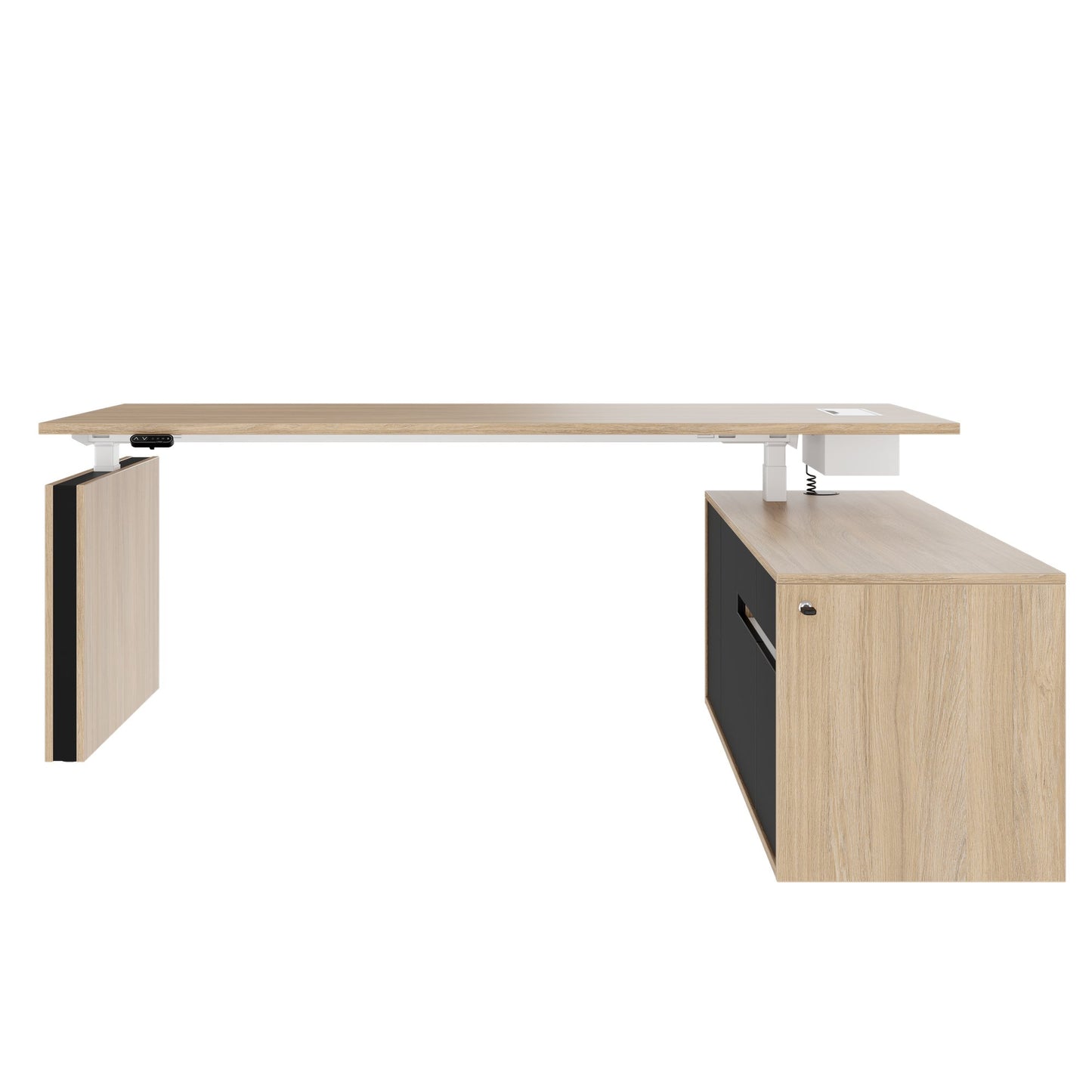 MOTION 2 motor desk with sideboard | Electrically height adjustable, 2000 x 1800 mm, amber oak