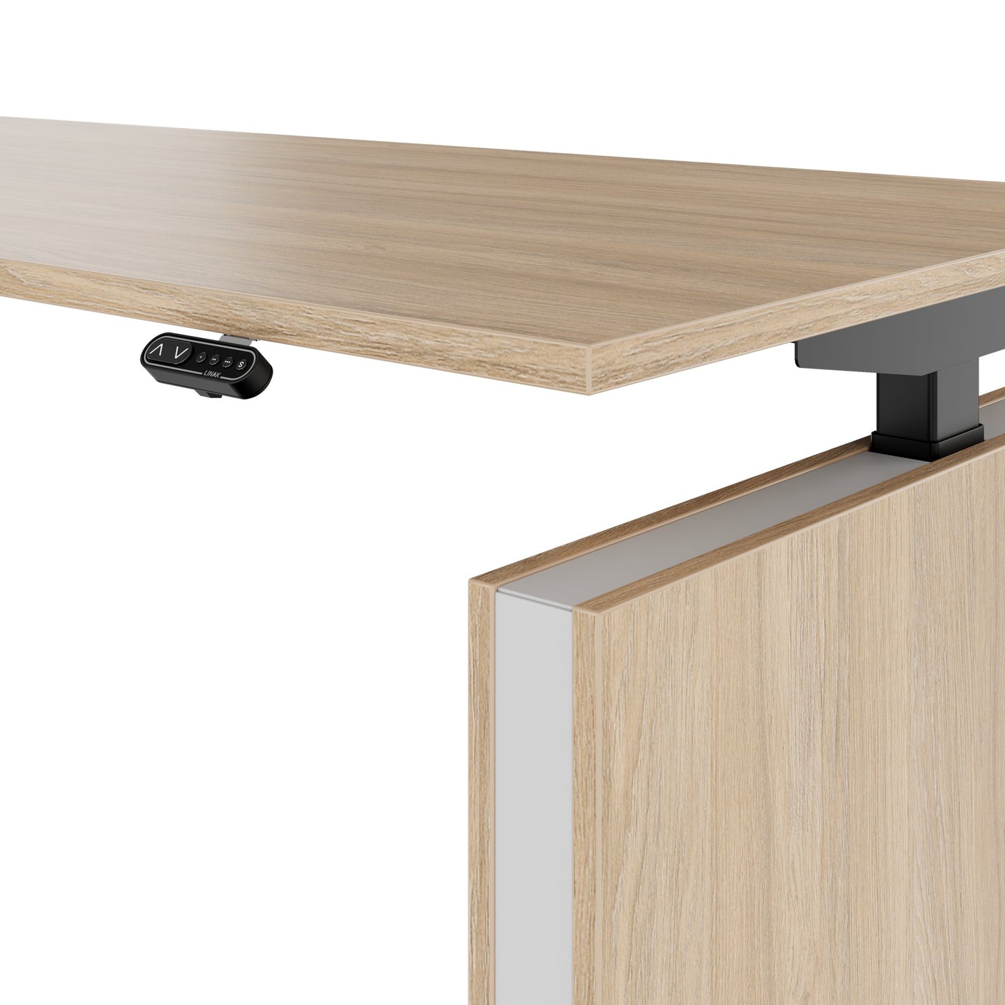 MOTION 2 motor desk with sideboard | Electrically height adjustable, 2000 x 1800 mm, amber oak