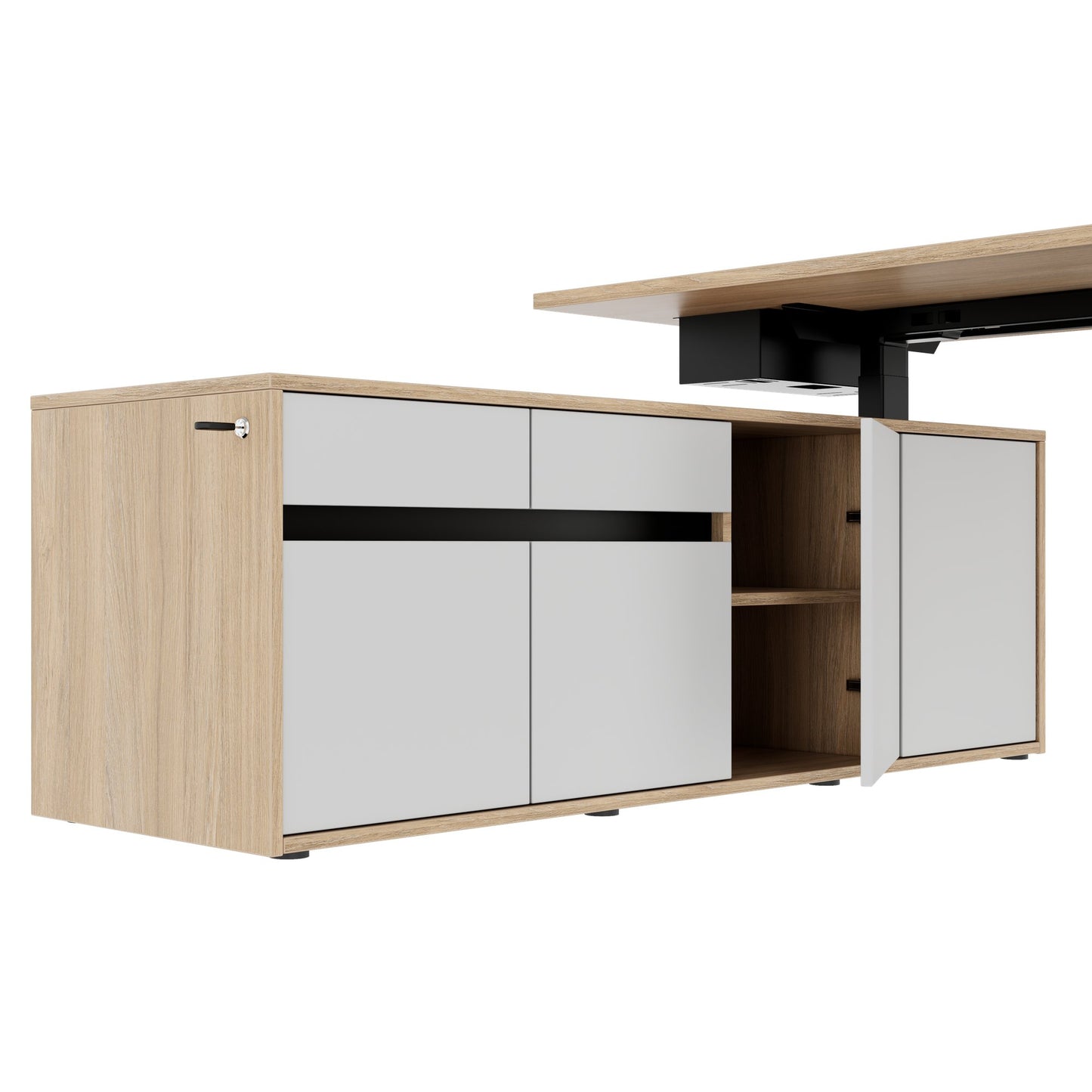 MOTION 2-Motoren-Schreibtisch mit Sideboard | Elektrisch höhenverstellbar, 2000 x 1800 mm, Bernsteineiche