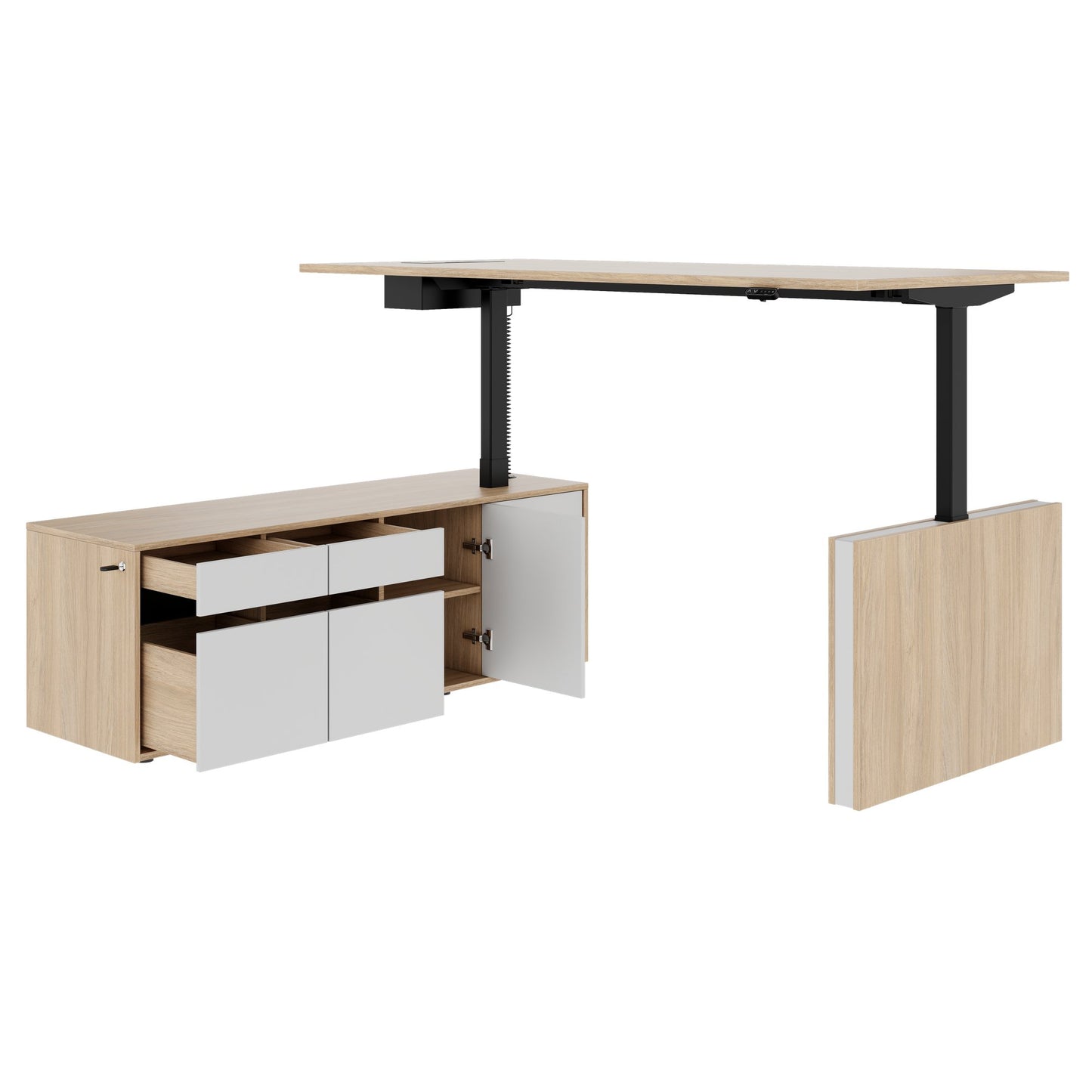 MOTION 2 motor desk with sideboard | Electrically height adjustable, 2000 x 1800 mm, amber oak
