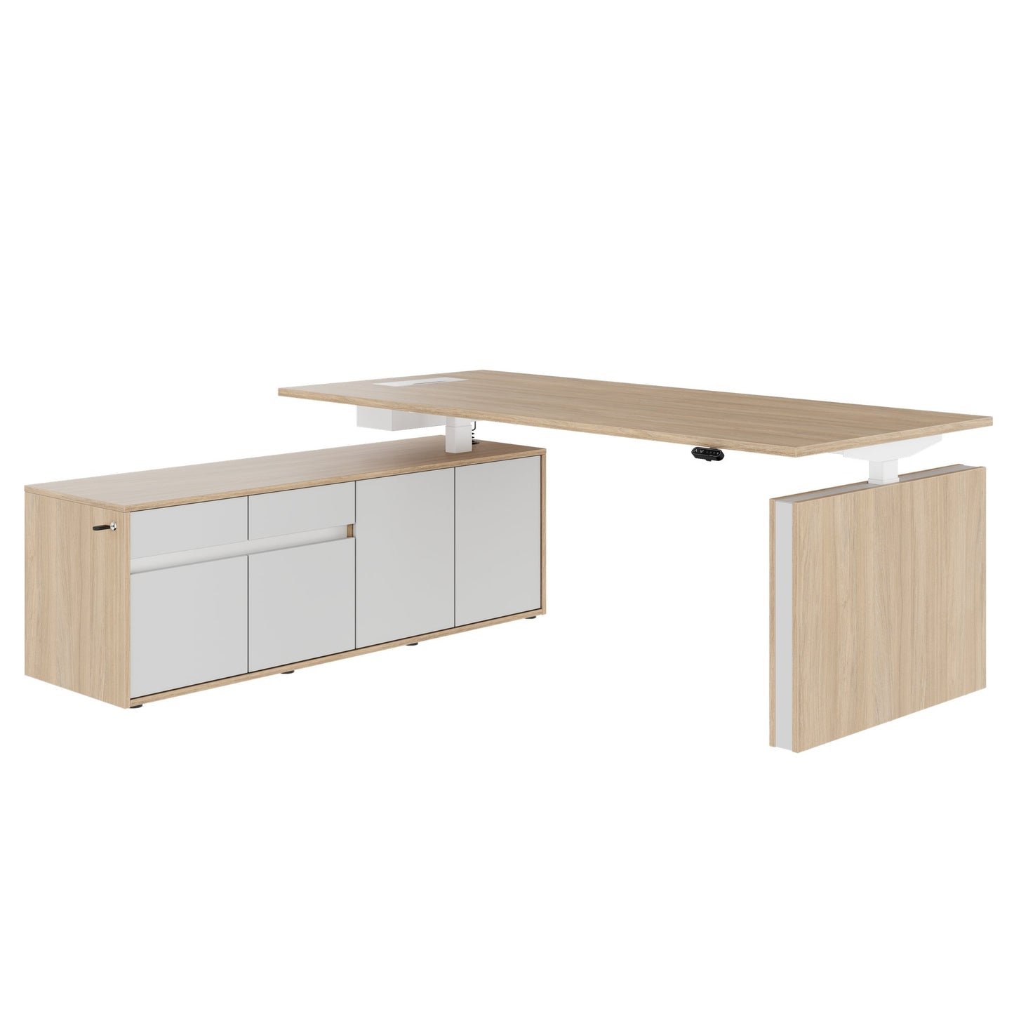 MOTION 2 motor desk with sideboard | Electrically height adjustable, 2000 x 1800 mm, amber oak