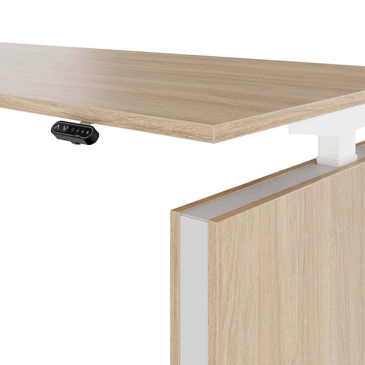 MOTION 2-Motoren-Schreibtisch mit Sideboard | Elektrisch höhenverstellbar, 2000 x 1800 mm, Bernsteineiche