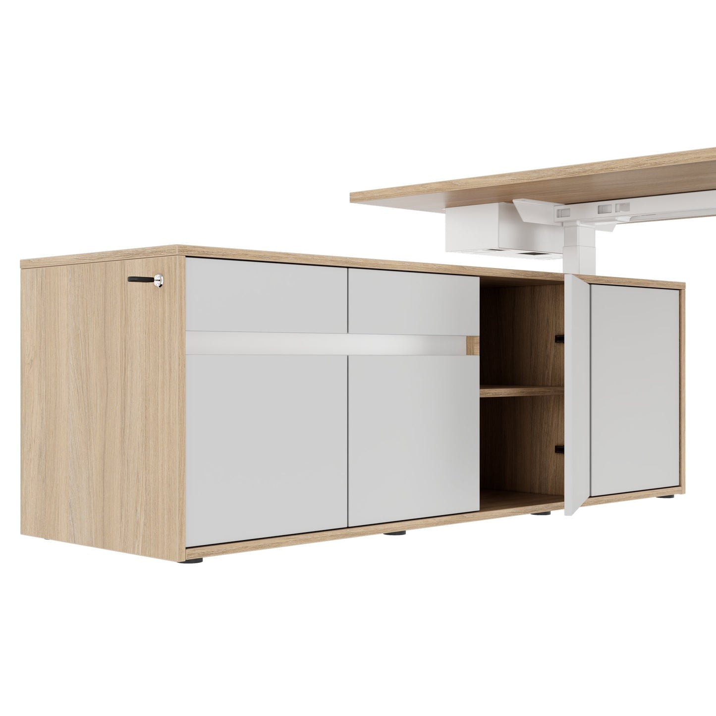 MOTION 2 motor desk with sideboard | Electrically height adjustable, 2000 x 1800 mm, amber oak