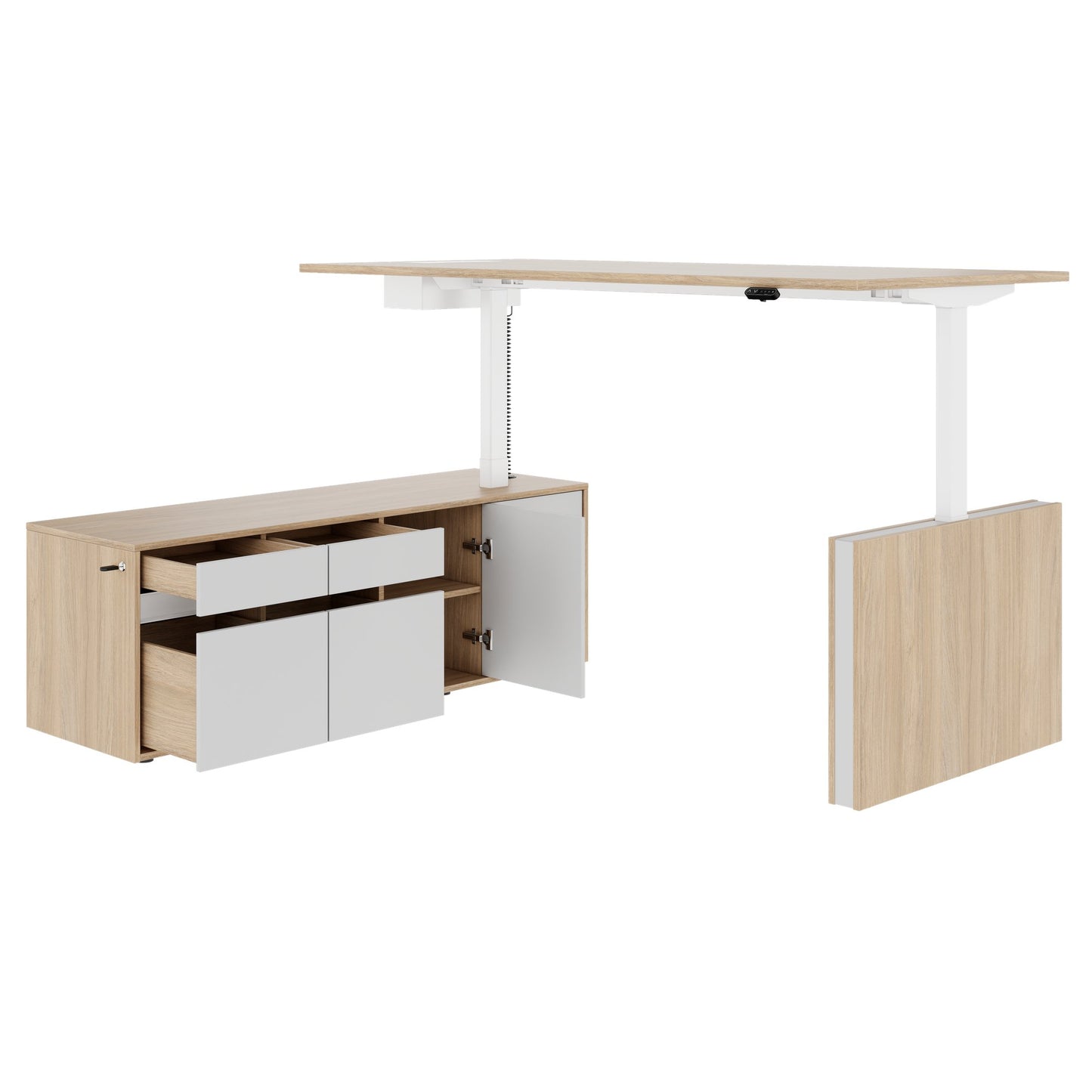 MOTION 2 motor desk with sideboard | Electrically height adjustable, 2000 x 1800 mm, amber oak